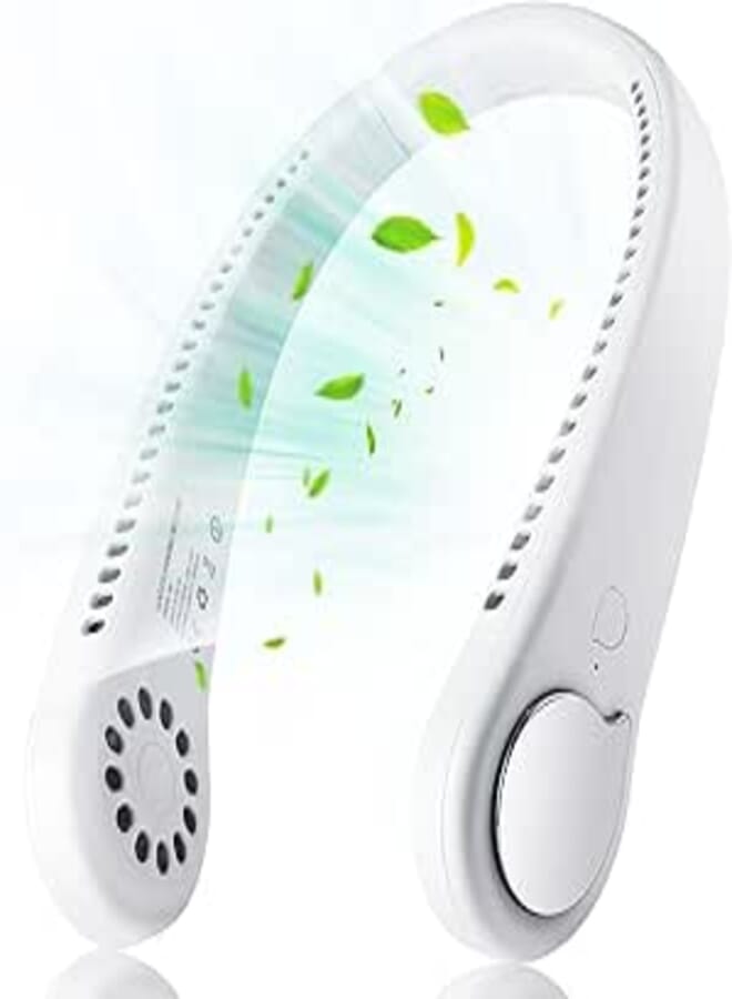 Bladeless Neck Fan, Portable & Wearable Personal Fan, USB Rechargeable, 3 Speeds, White
